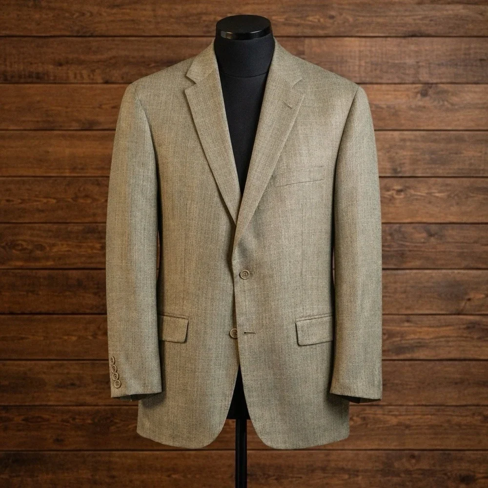 Tommy Hilfiger Blazer 42L Silk/Wool Herringbone Glen Plaid Greenish Beige Jacket